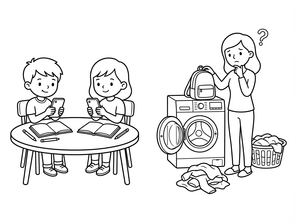 תעשה לי תמונה שהילדים יושבים עם פלאפונים בבית עושים  שיעורי בית והאמא ליד המכונת כביסה מתלבטת אם להכניס את התיק בית ספר למכונת כביסה או לא