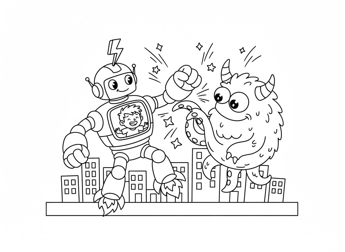 גיבור על עם חליפת רובוט ענקית - ילד קטן בתוך חליפת רובוט גיבור על ענקית, תא טייס נראה בחזה, ידיים מכניות עצומות, מגפי רקטה, אנטנה על הראש, נלחם במפלצת ענק, בניינים בקנה מידה, ניצוצות עפים