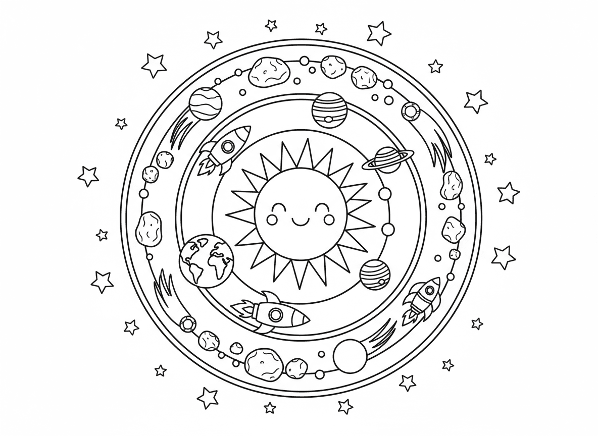מנדלת חלל עם כוכבי לכת - מנדלה קוסמית עם שמש במרכז, כוכבי לכת בטבעות מסלול, שבתאי עם טבעות, צדק עם כתמים, כדור הארץ עם יבשות, רקטות בין כוכבי לכת, שביטים, טבעת חגורת אסטרואידים, כוכבים בכל מקום