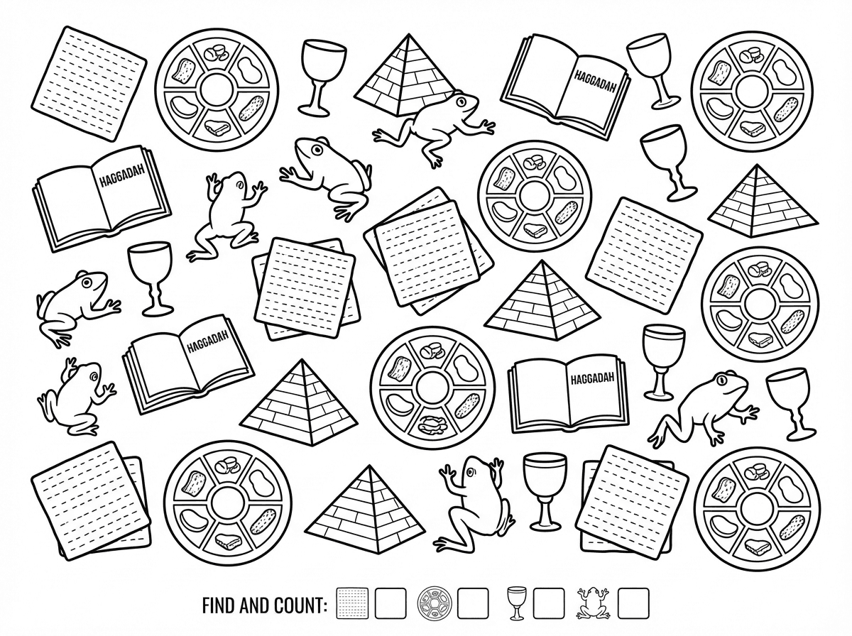 תעשה לי בבקשה דף צביעה תפזורת עם מלא מלא דברים שקשורים לפסח שהילדים יצטרכו למצוא בדף כמה יש מכל דבר.
נגיד 10 מצות מצויירות בדף בצורה מבולגנת והילדים צריכים למצוא 10 מצות ולסמן