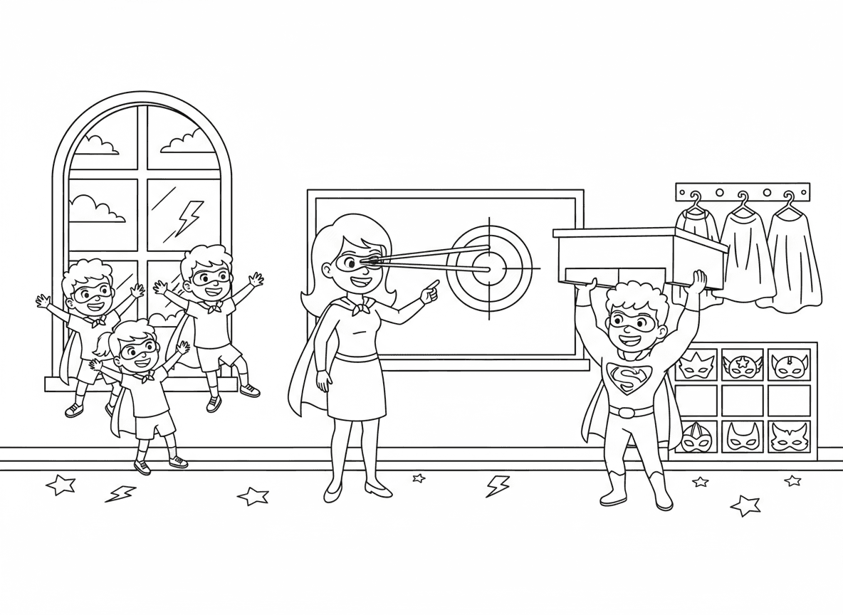 כיתה בבית ספר לגיבורי על - כיתה בבית ספר לגיבורי על, ילדים מתרגלים עפיפה מהחלון, אחד מרים שולחן בסופר כוח, מורה מדגים עיני לייזר על הלוח, מתלה גלימות, תאי אחסון מסכות