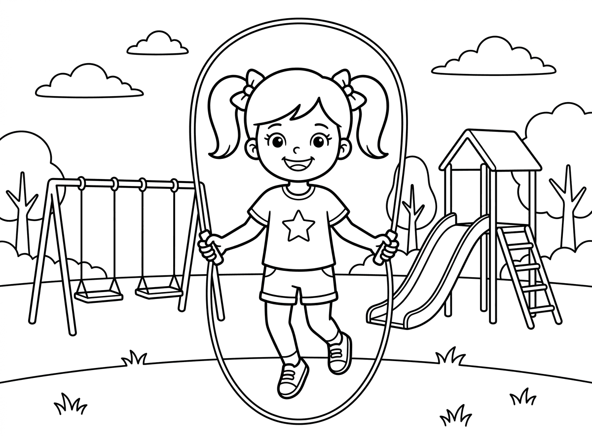 אפשר ציור של ילדה קופצת בחבל בגן שעשועים