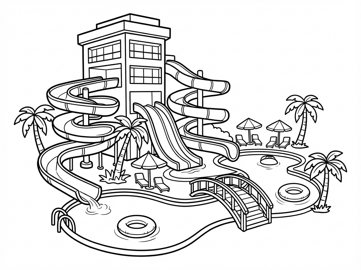 אפשר ציור של מלון עם בריכות ומגלשות