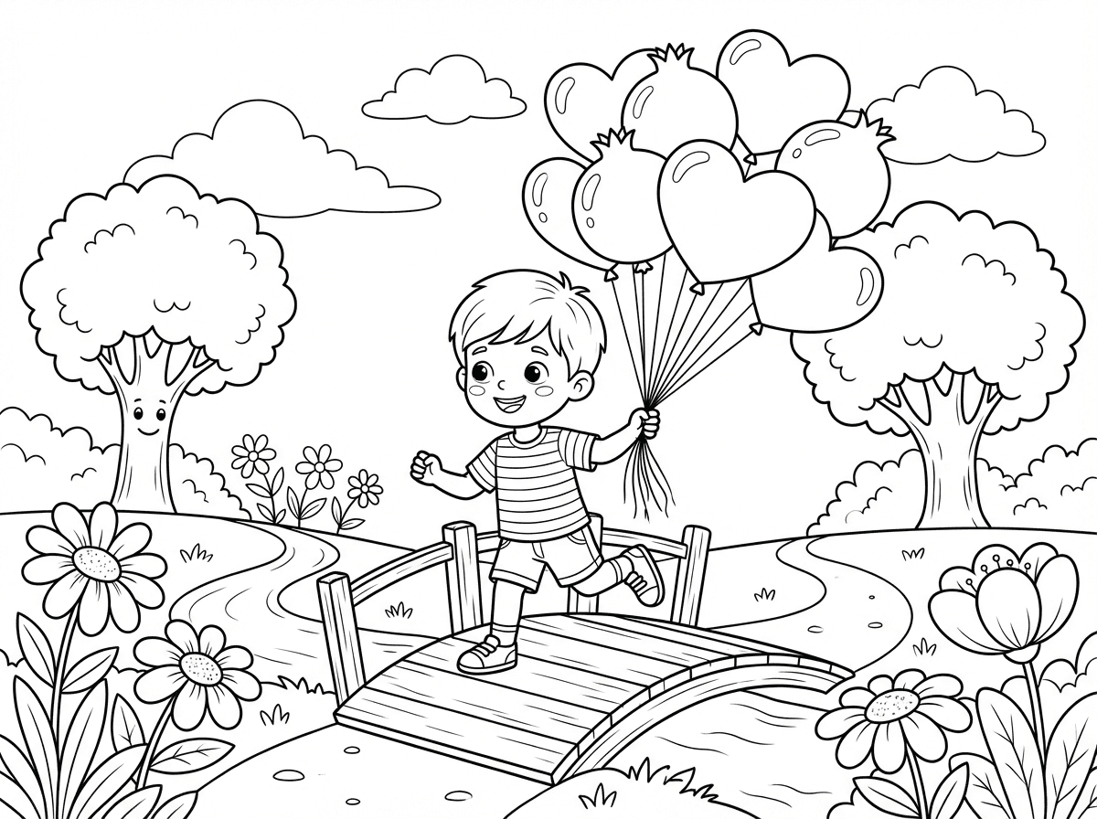 ילד רץ על גשר קטן באמצע גינה פסטורלית מחזיק זר ענק של בלוני הליום בצורת לבבות ובצורת רימון