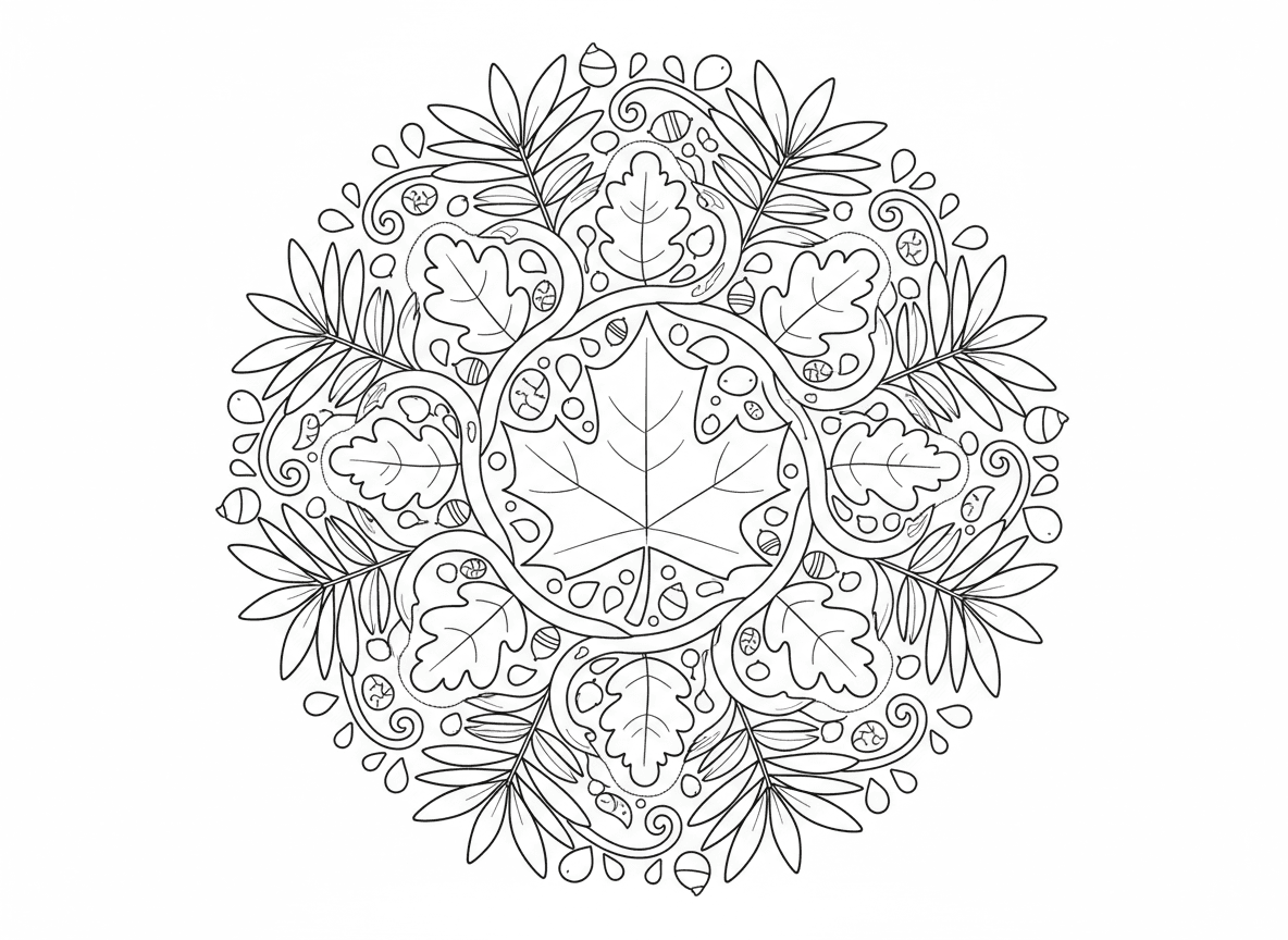 מנדלת עלים וגפנים - מנדלת טבע עשויה מצורות עלים שונות, עלה מייפל במרכז, מוקף בעלי אלון, עלי שרכים, עלי דקל, גפנים מחברות כל השכבות, בלוטים וזרעים כאלמנטי נוי, עיצוב אורגני זורם