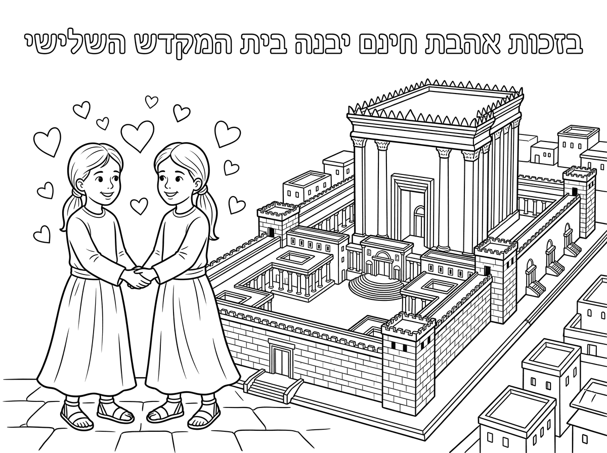 כתוב למעלה 
בזכות אהבת חינם יבנה בית המקדש השלישי

בצד ימין תמונה של בית המקדש

בצד שמאל
שתי ילדות 
עם חצאיות ארוכות
וחצאיות ארוכות
שיער אסוף
נותנות ידיים עם לבבות