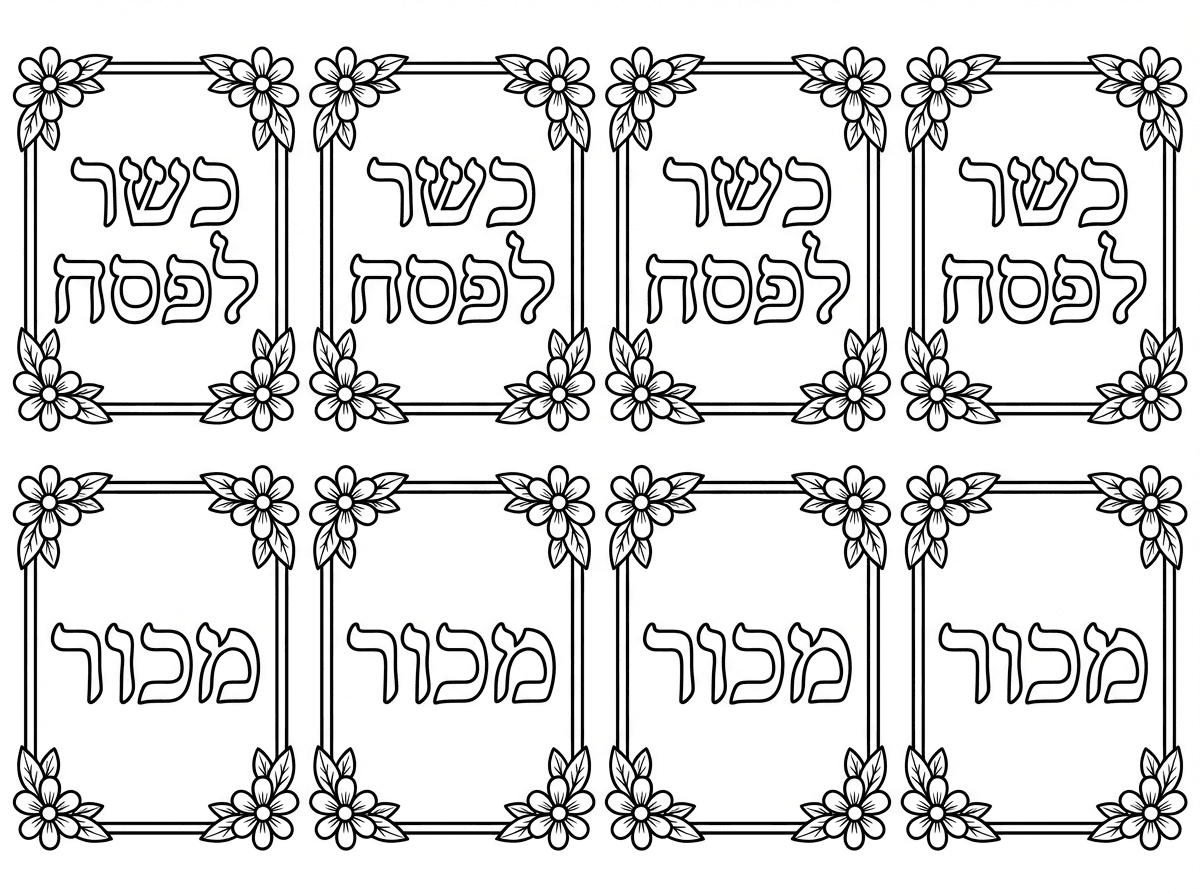 אשמח בבקשה לדף אשר יש עליו 8 ריבועים זהים עם מסגרת על ארבע כתוב כשר לפסח ועל 4 מכור , שהכתב יהיה ניתן למילוי ויהיה יפה וחגיגי שבמסגרת של כל ריבוע תהיה ניתנת למילוי ובפינות של כל מסגרת יהיו פרחים שהכל יהיה בניראות חגיגית ומיוחדת