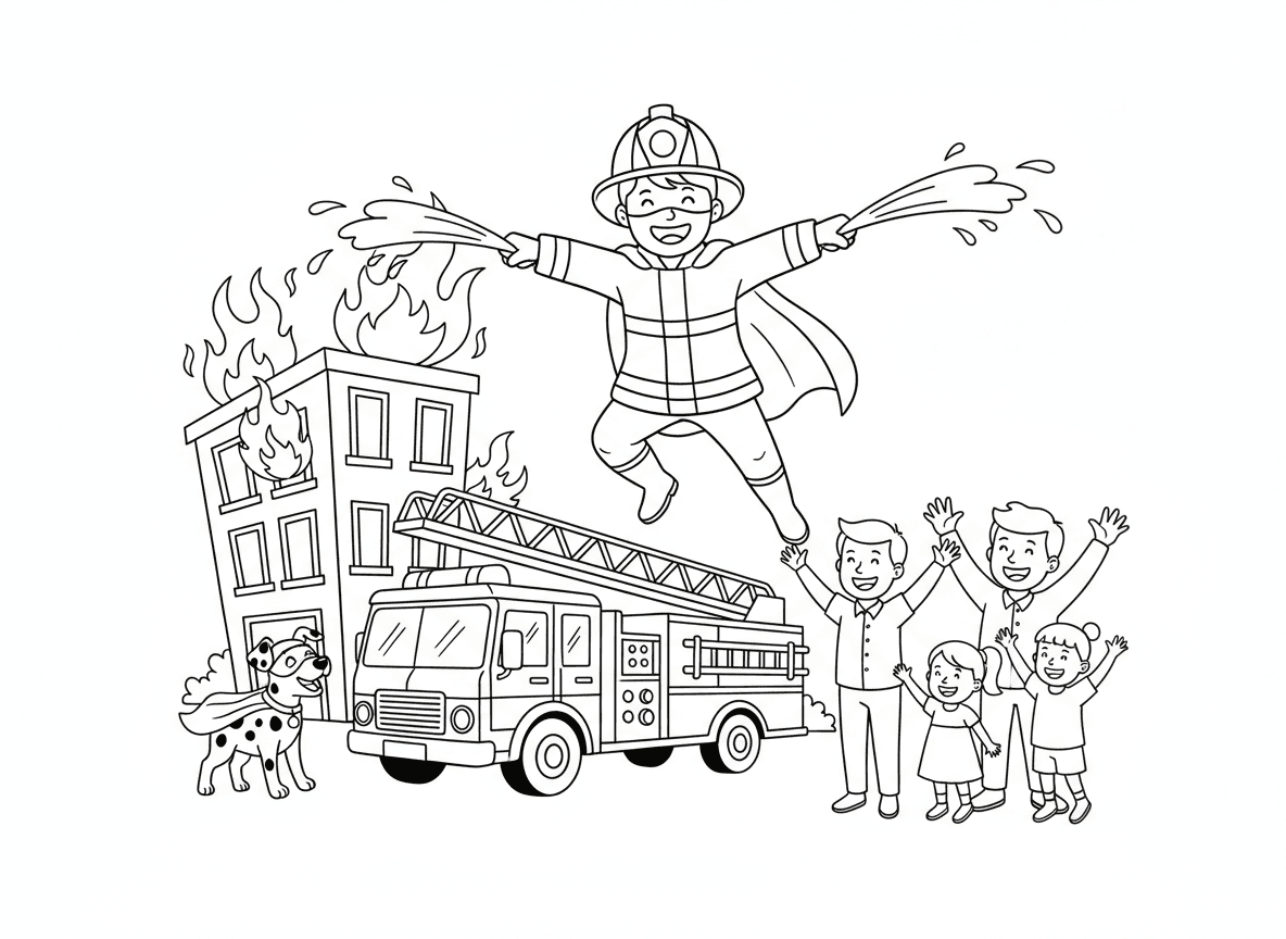 גיבור על כבאי מכבה שריפות - גיבור על כבאי עם כוחות מים יורה מים מהידיים, חובש קסדת כבאים מעל מסכה, מציל אנשים מבניין בוער, מכבית אש למטה, כלב דלמטי שותף, אזרחים אסירי תודה