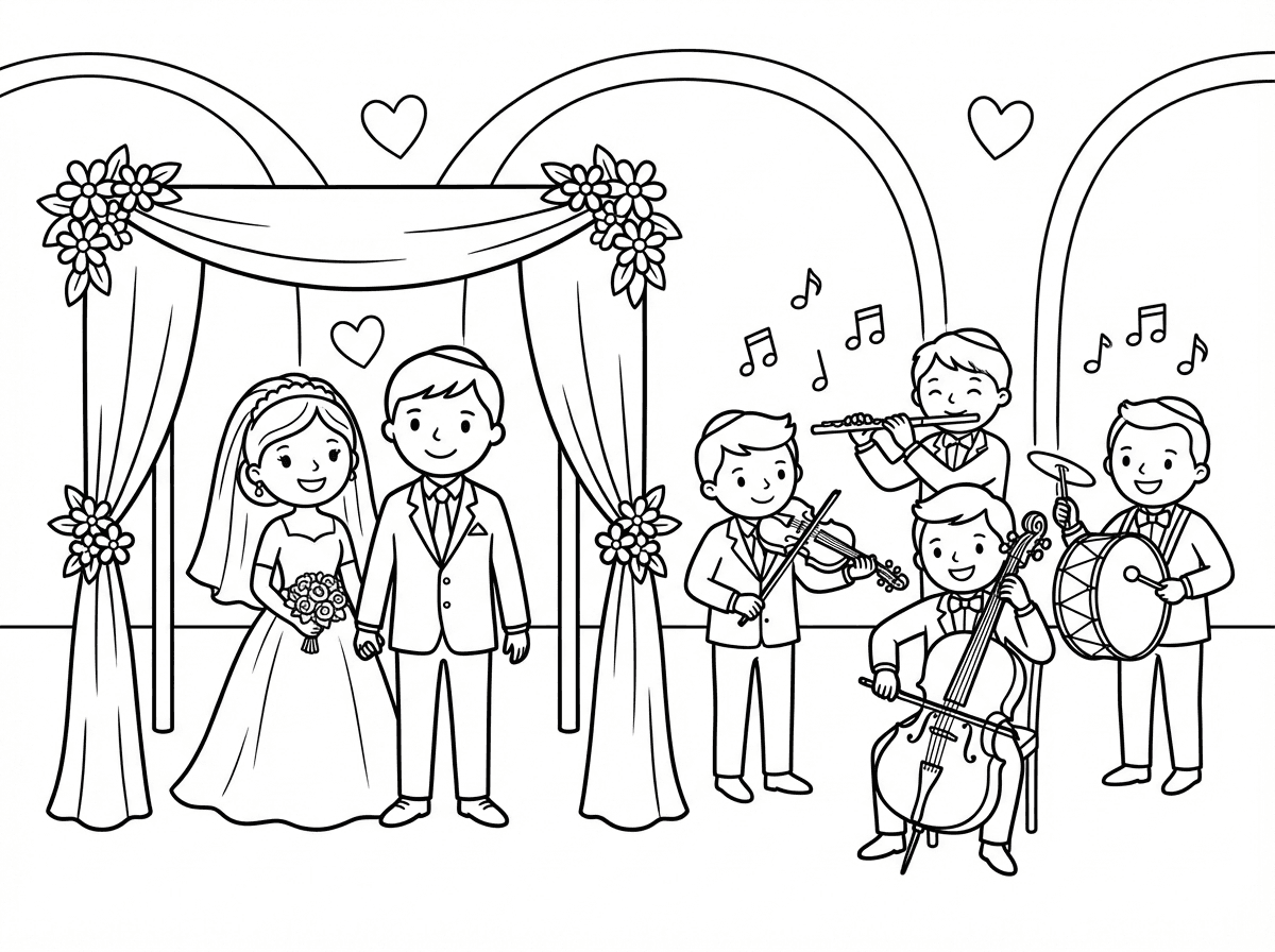 אני רוצה תמונה יפה של חתן וכלה שעומדים תחת החופה ותזמורת בצד