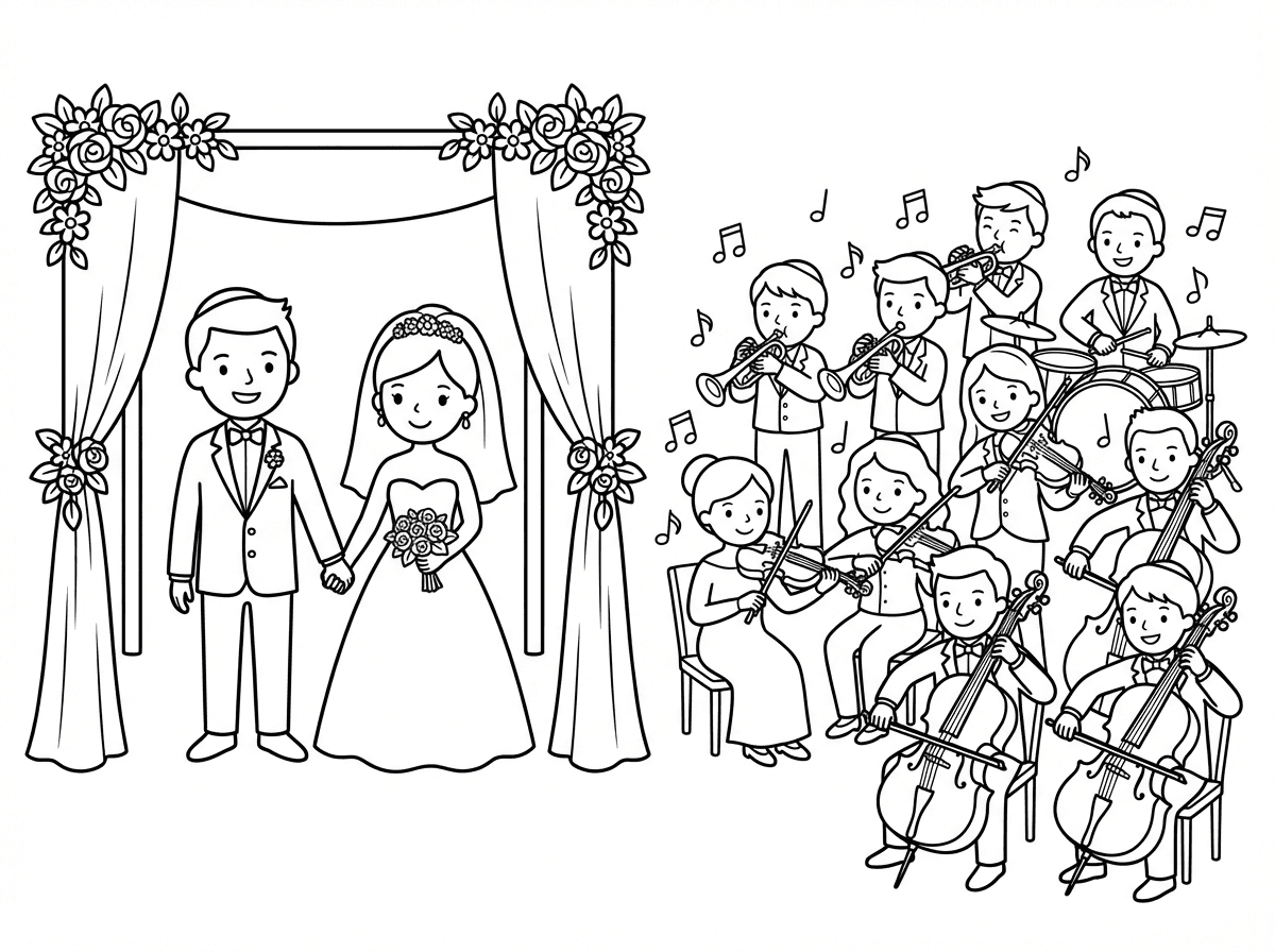 אני רוצה דף של חתן וכלה עומדים תחת החופה ובצד המון המון תיזמורת