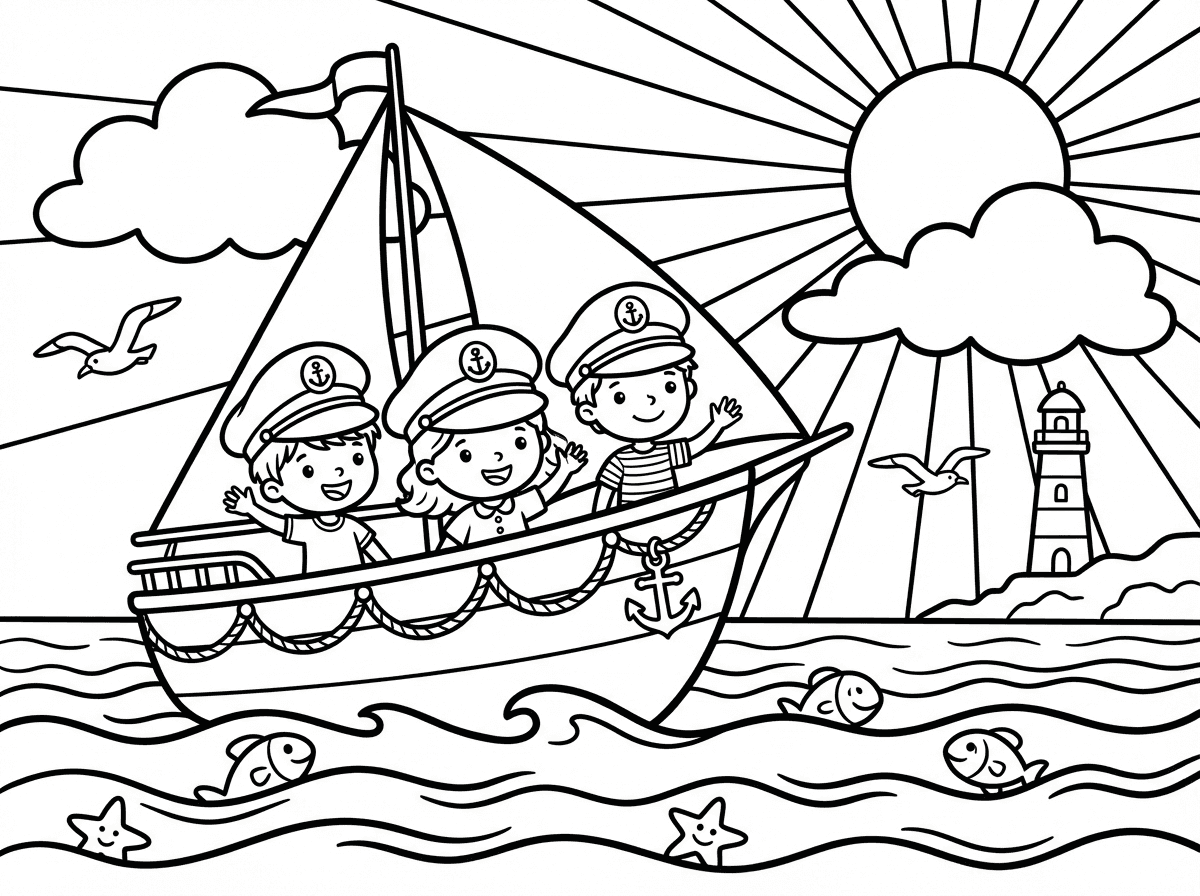 A children's coloring page featuring cute cartoon skipper characters 
sailing on beautiful yachts in the open sea. The scene includes:
- 2-3 cheerful skipper characters wearing captain hats, 
  waving from the deck of a large sailing yacht
- Big fluffy clouds and a large radiant sun with long sunrays 
  filling the upper portion of the page
- Gentle ocean waves with small fish and starfish peeking out
- Seagulls flying in the background
- A lighthouse in the distance on a small rocky island
- Decorative rope and anchor details on the boats
- Bold, clean black outlines with no fill, 
  suitable for coloring by children ages 4-8
- White background, thick outlines, simple details, 
  fun and playful cartoon style
- High contrast black and white line art only