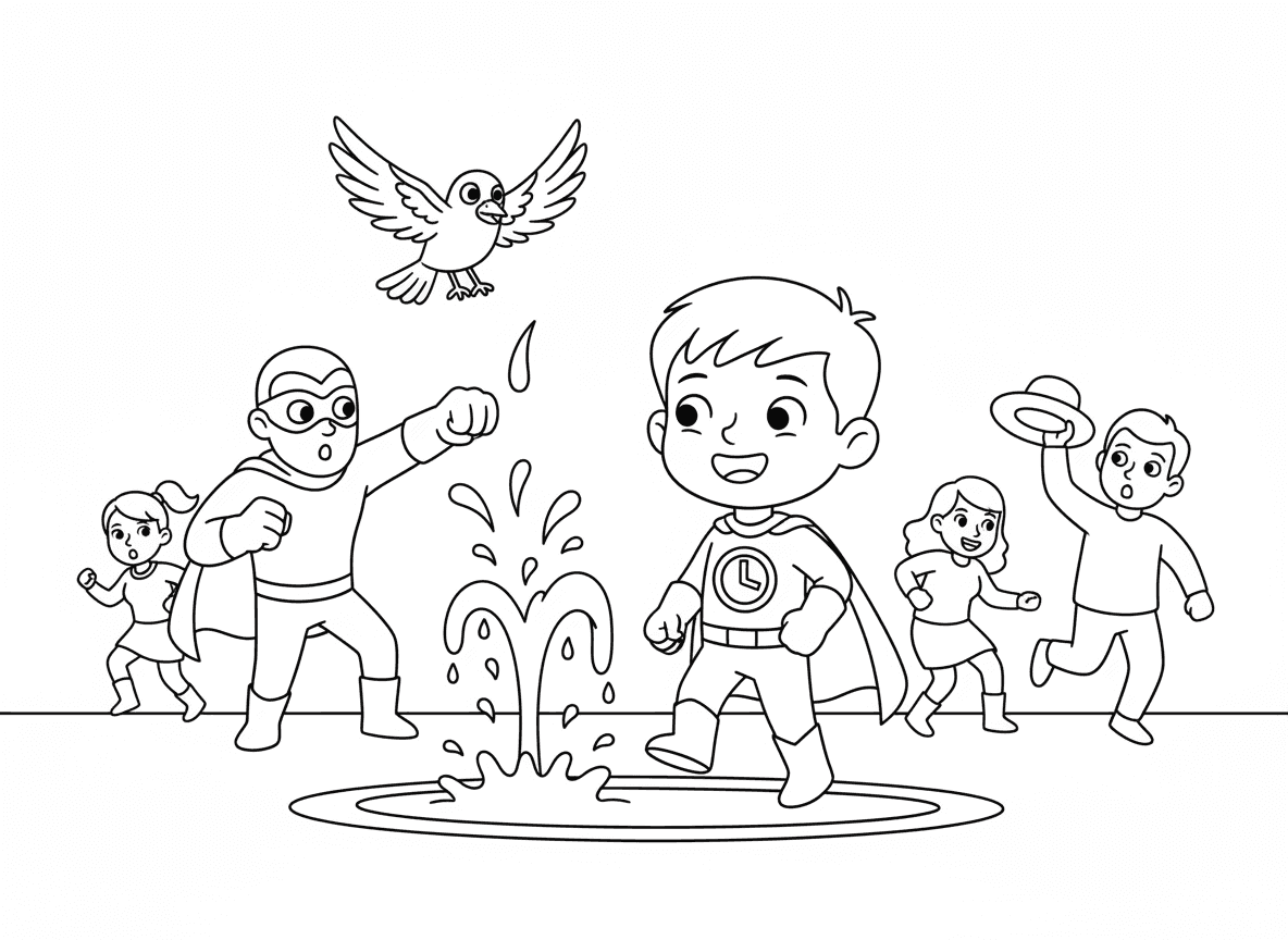 גיבור על עם כוח עצירת זמן - ילד גיבור על שעצר את הזמן, כולם וכל דבר קפוא באמצע פעולה, ציפור קפואה בטיסה, טיפות מים מרחפות, רשע קפוא באמצע מכה, גיבור הולך בנחת בסצנה קפואה, סמל שעון על החזה