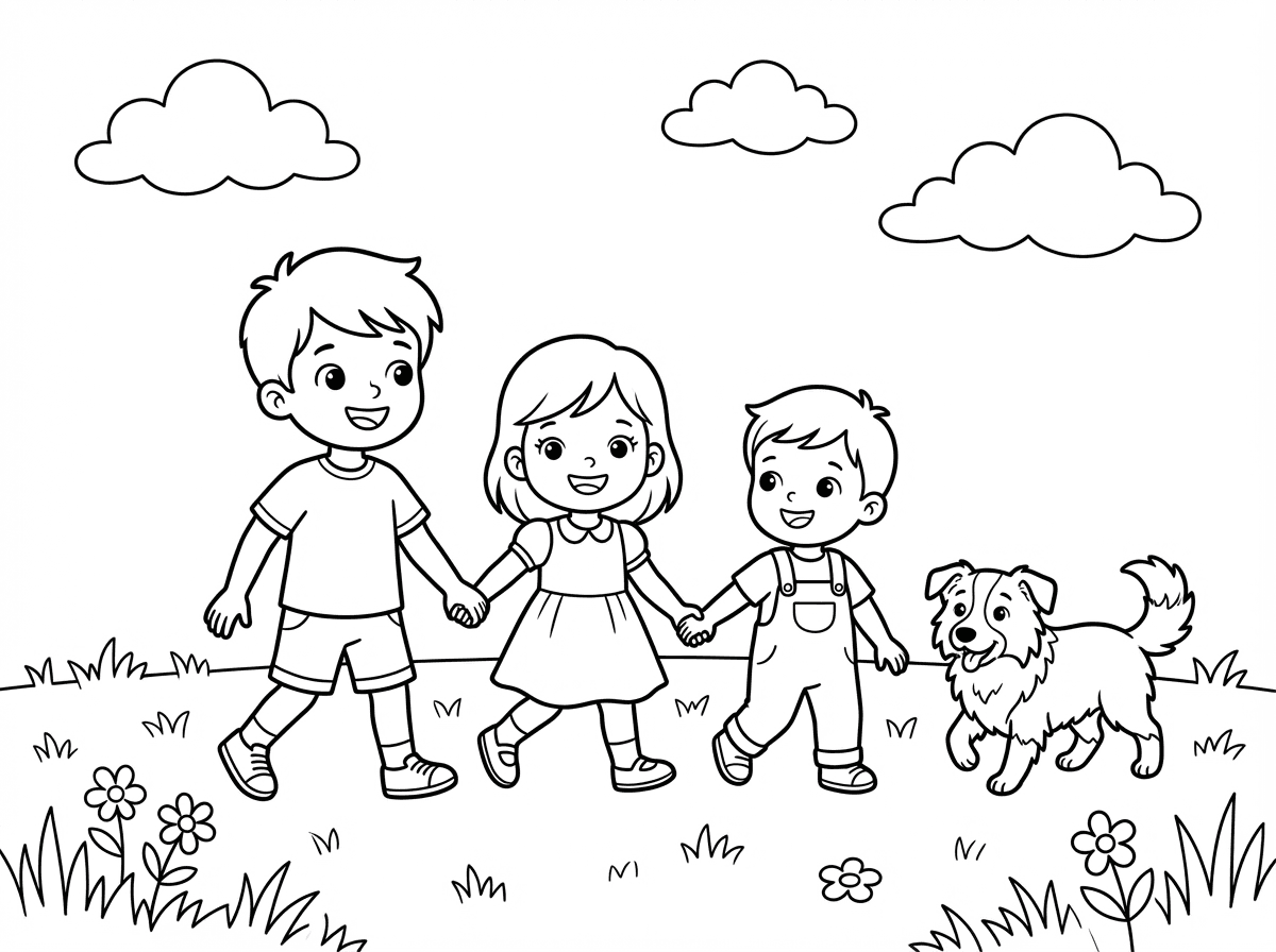 צייר לנו 3 ילדים (בן 5, בת 3 ובן שנתיים) עם כלב בורדר קולי קטן מטיילים בדשא גדול