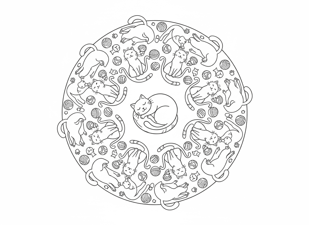 מנדלת חתולים - מנדלה עשויה כולה מחתולים בתנוחות שונות, חתול ישן מכורבל במרכז, טבעת חתולים יושבים, טבעת חתולים משחקים, טבעת חתולים מתמתחים, טביעות כפות וכדורי חוט בין טבעות, עיטורי דגים