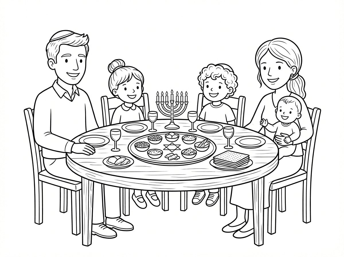 משפחת בסל יושבים בשולחן ליל הסדר של חג הפסח. אבא אמא שחר עם תלתלים הבכור, סיני עם קוקס הילד השני והתינוקת החייכנית רני יושבת על אמא שלה