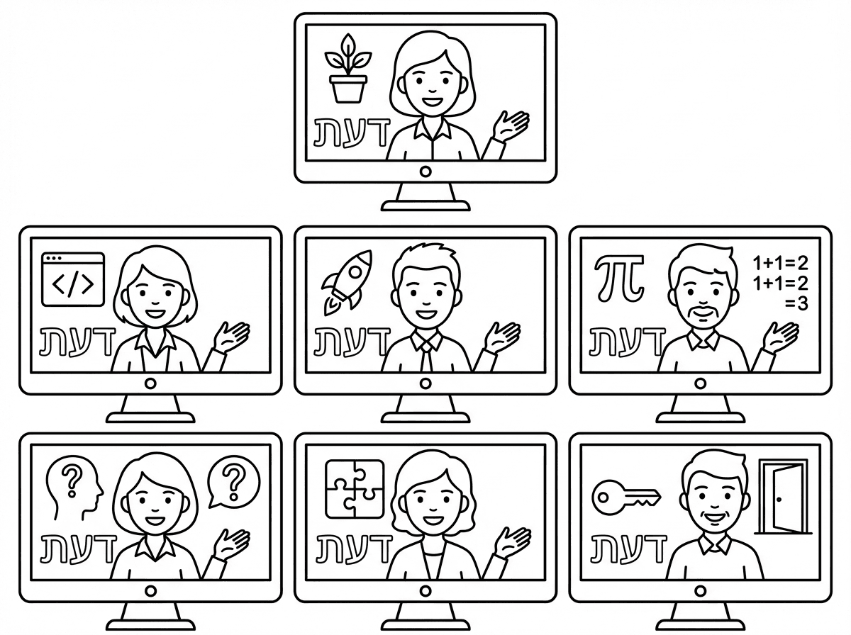 אשמח לדף צביעה ובו מורים שמלמדים בזום בעזרת המחשב: מורה לבוטניקה, מורה לתכנות, מורה לחלל, מורה לחשיבה מתמטית, מורה לפילוסופיה, מורה לחידות חשיבה, מורה לחדרי בריחה.
על כל מחשב תופיע המילה: דעת וסמל של המקצוע אותו המורה מלמד