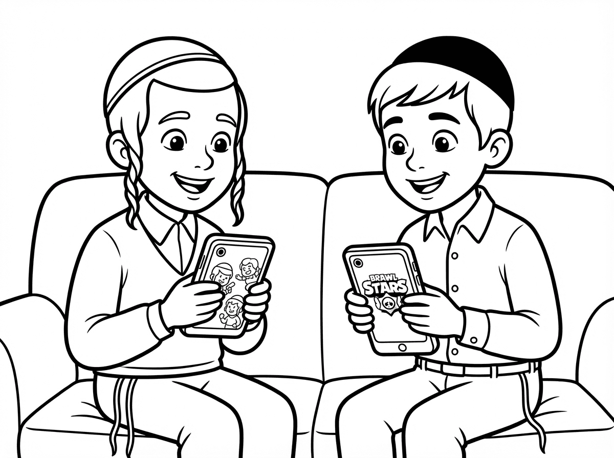 תצייר לי בבקשה את יונתן ושלמה בדש משחקים ברול סטאר. שלמה בגיל 12 בחור דתי. יונתן בגיל 9 לומד בבית ספר חב״ד.