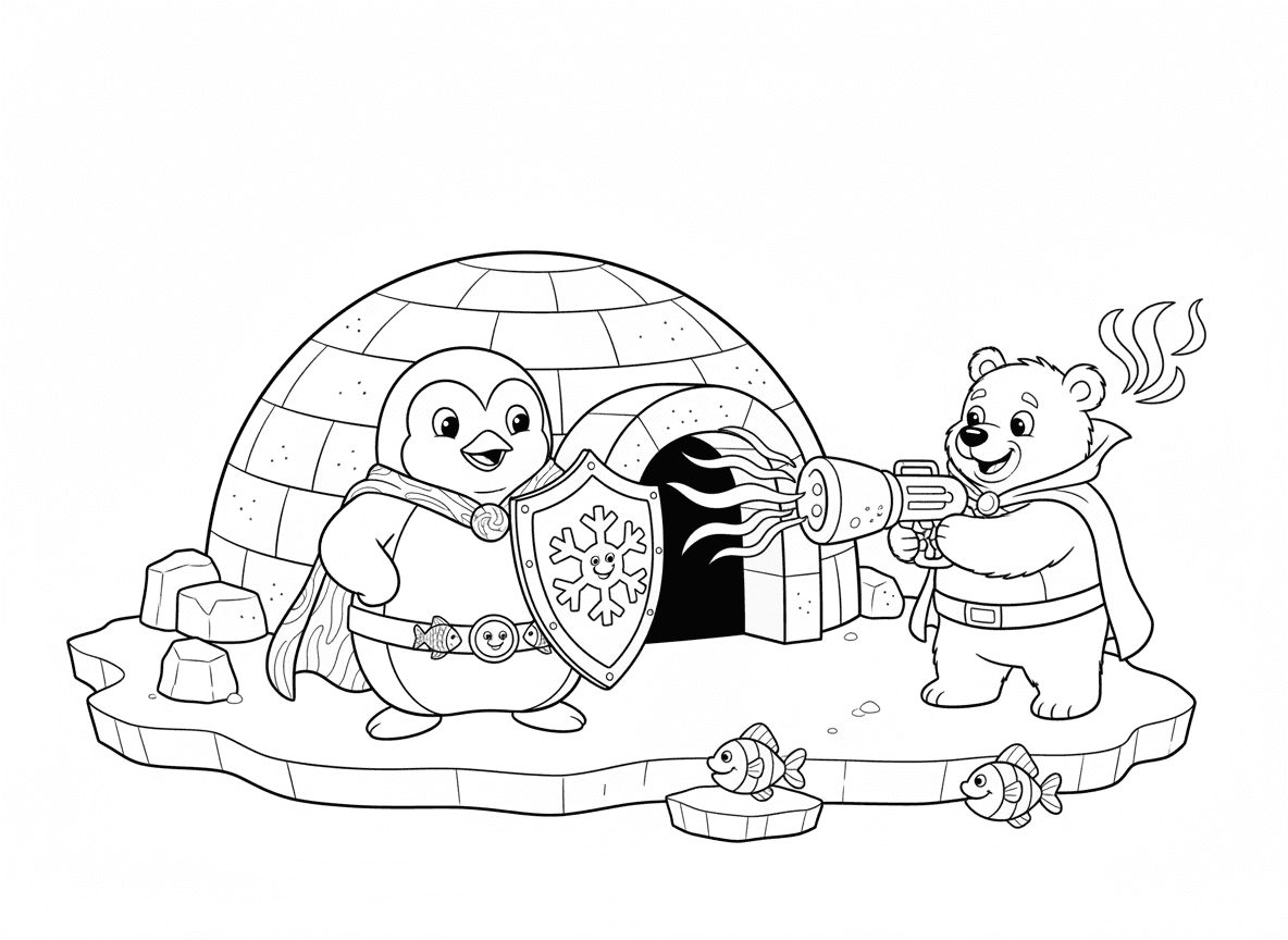 פינגווין גיבור על בארקטיקה - פינגווין גיבור על שמגן על הארקטיקה, מגן קרח, משגר כדורי שלג על הזרוע, דוב קוטב שותף, מטה איגלו, נלחם ברשע עם קרן חום, גלימת זוהר צפוני, חגורת דגים