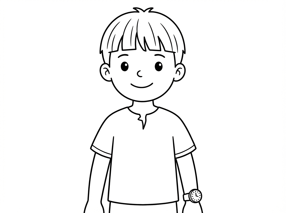 אני רוצה דף צביעה של ילד עם חולצה, צבע אבן כזה, חולצה קצרה, שהיא קצת עם קרעים בצוואר, ואני רוצה שיש לו שעון שחור עם מספרים כתומים עליו. אה לא משנה, קווים כתומים. הוא עם עיניים חומות, צבע אור חום בהיר, ו יש לו שיער קצר בצבע שחור. לא גלי כזה, לא גלי, לא, חלק.