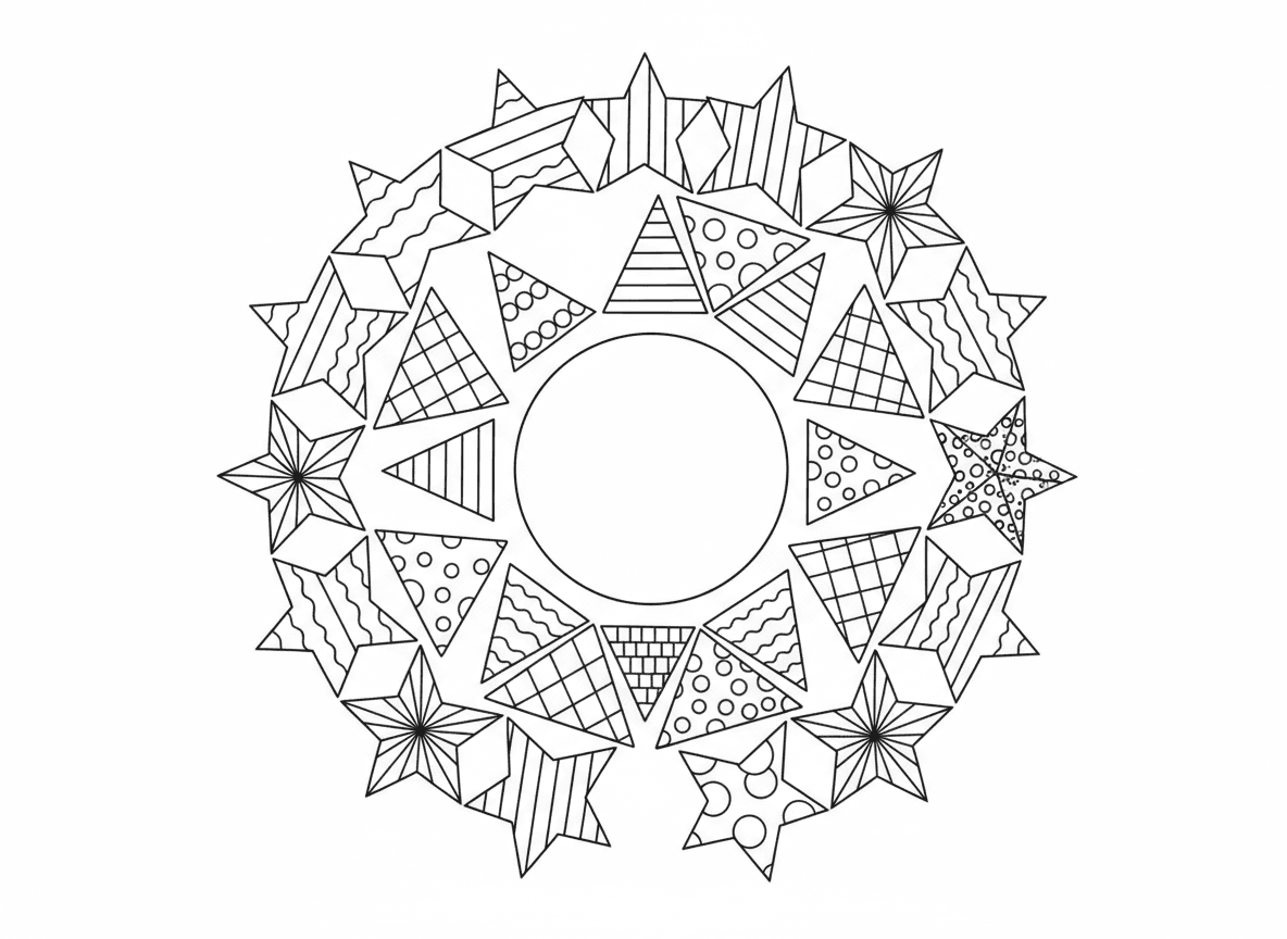 מנדלת צורות גאומטריות לילדים - מנדלה גאומטרית פשוטה עם עיגול במרכז, מוקף במשולשים, אז ריבועים, אז מחומשים, אז משושים, אז כוכבים, כל טבעת צורה עם דוגמת מילוי שונה, קלה וחינוכית