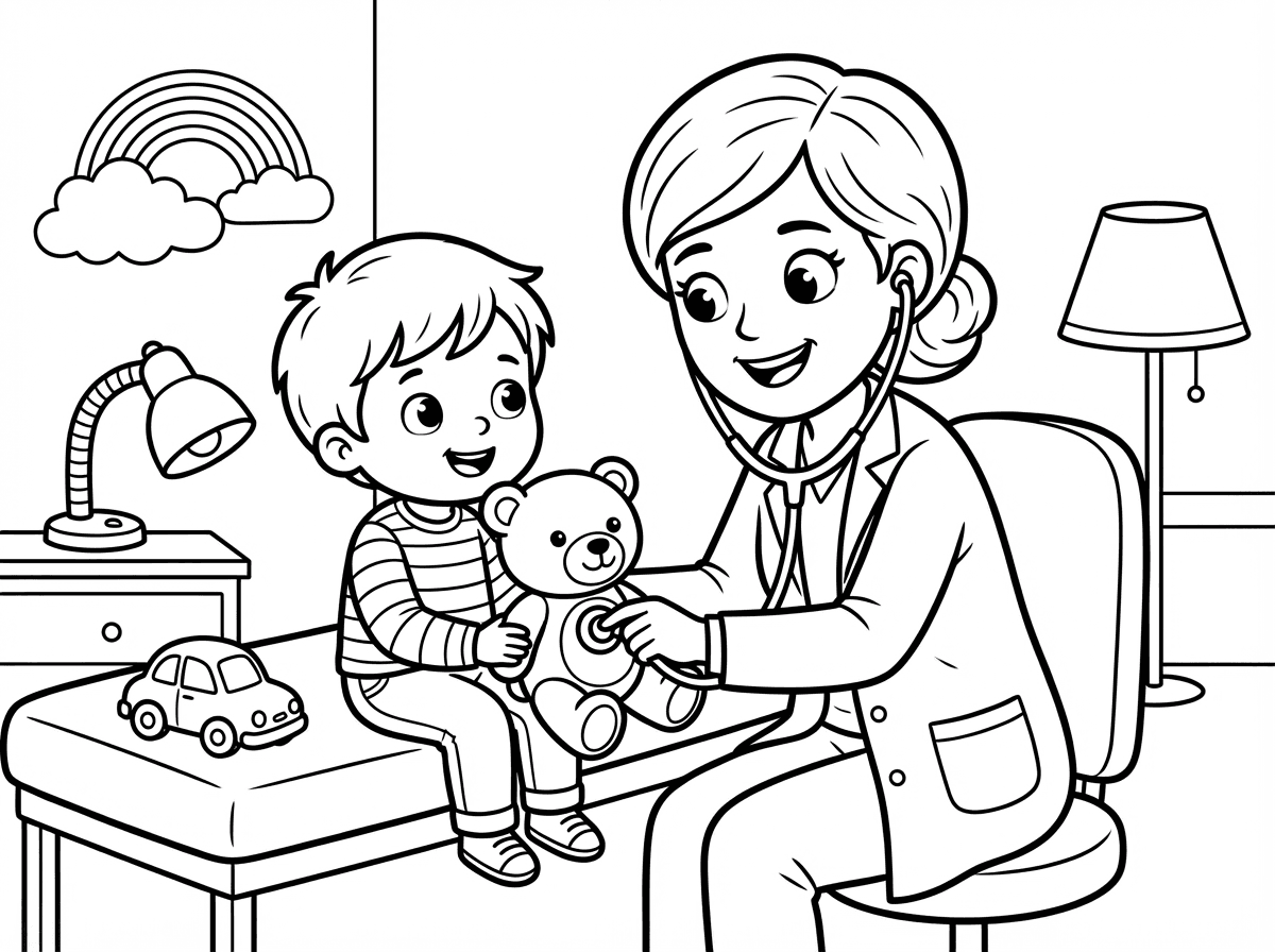 רופאת ילדים חמודה מטפלת בילדה במרפאת ילדים נעימה