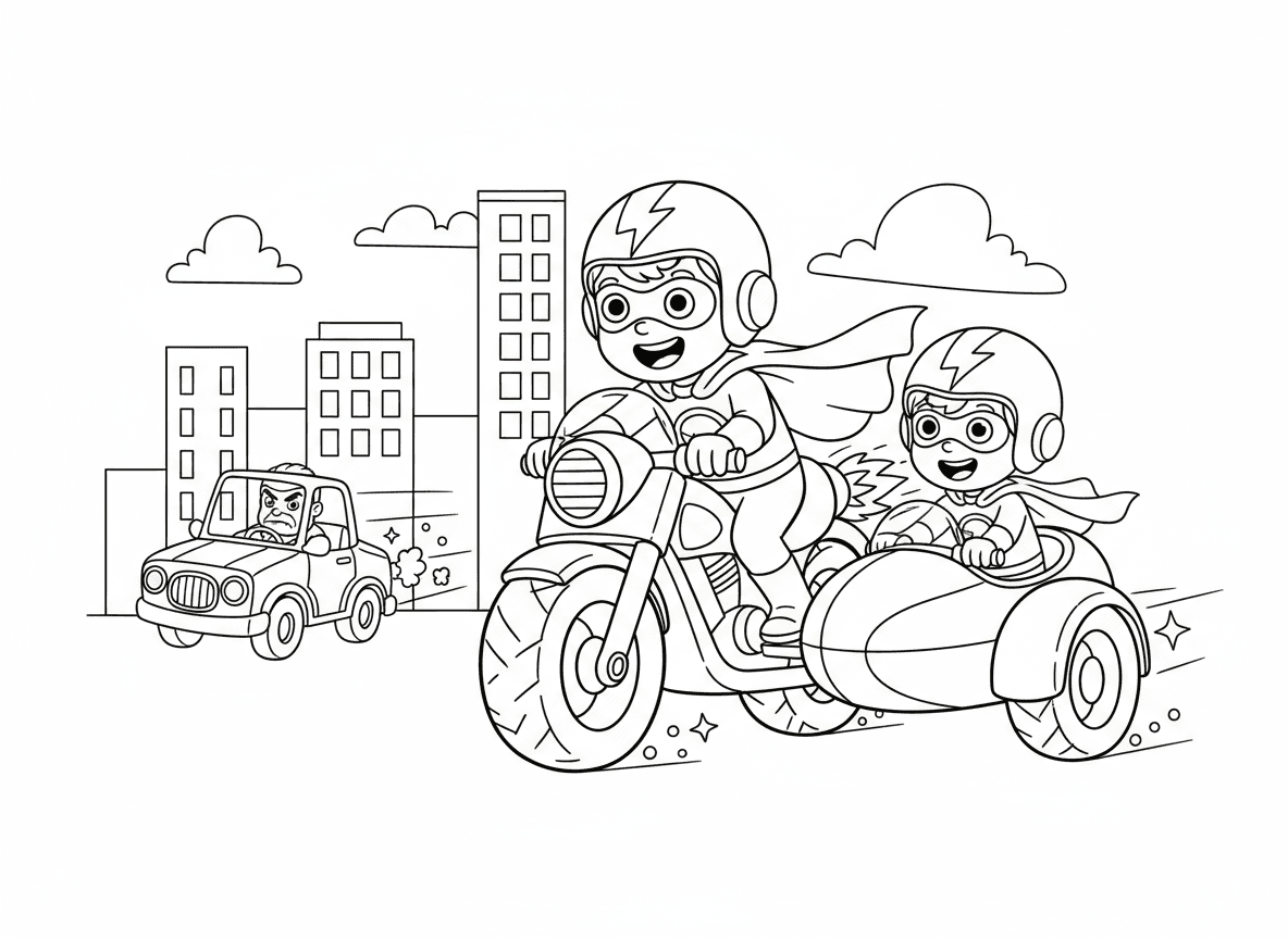 צמד גיבורי על רוכבים על אופנוע - שני ילדים גיבורי על רוכבים על אופנוע גיבורי על מגניב, סיידקאר לשותף, מאיצי רקטה, גלימה מתנופפת מאחור, קסדה עם עיצוב מסכה, רודפים מכונית רשע, ניצוצות מגלגלים, סצנת מרדף עירוני