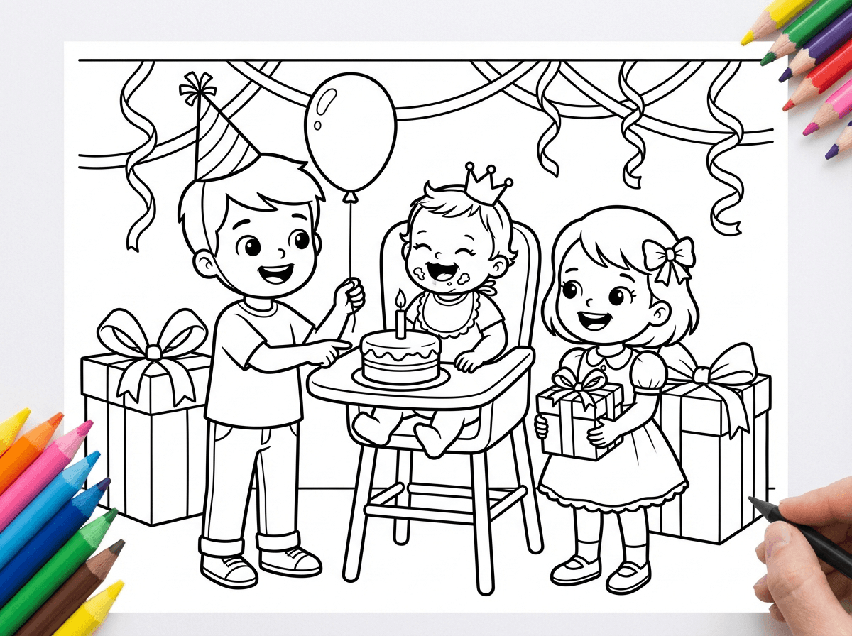 צור לי דף צביעה של 3 אחים
ילד בן 4
ילדה בת 3
ותינוקת בת 1
חוגגים יום הולדת 1 לתינוקת