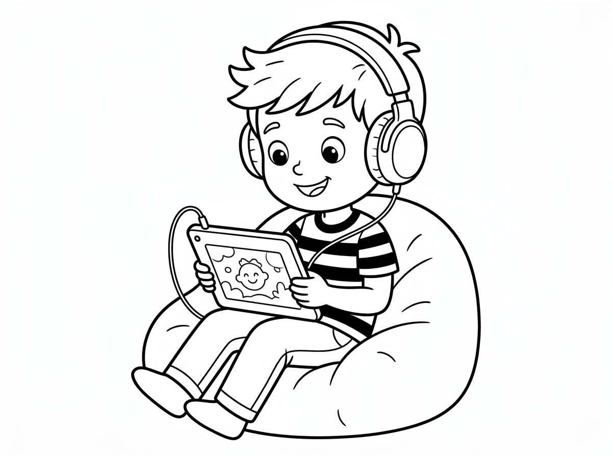 תצייר לי דף ציור את הבן שלי רואה האייפד עם אוזניות