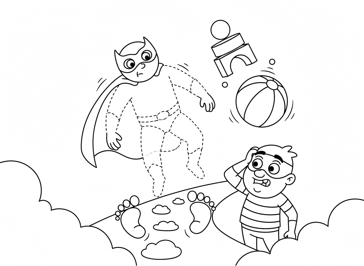 ילד גיבור על בלתי נראה - ילד גיבור על בלתי נראה מוצג על ידי קווי מתאר תחפושת מרחפים, גלימה ומסכה נראים אבל הגוף שקוף, טביעות רגליים מופיעות, רשע מבולבל מסתכל סביב, חפצים מרחפים שמוזזים על ידי גיבור בלתי נראה