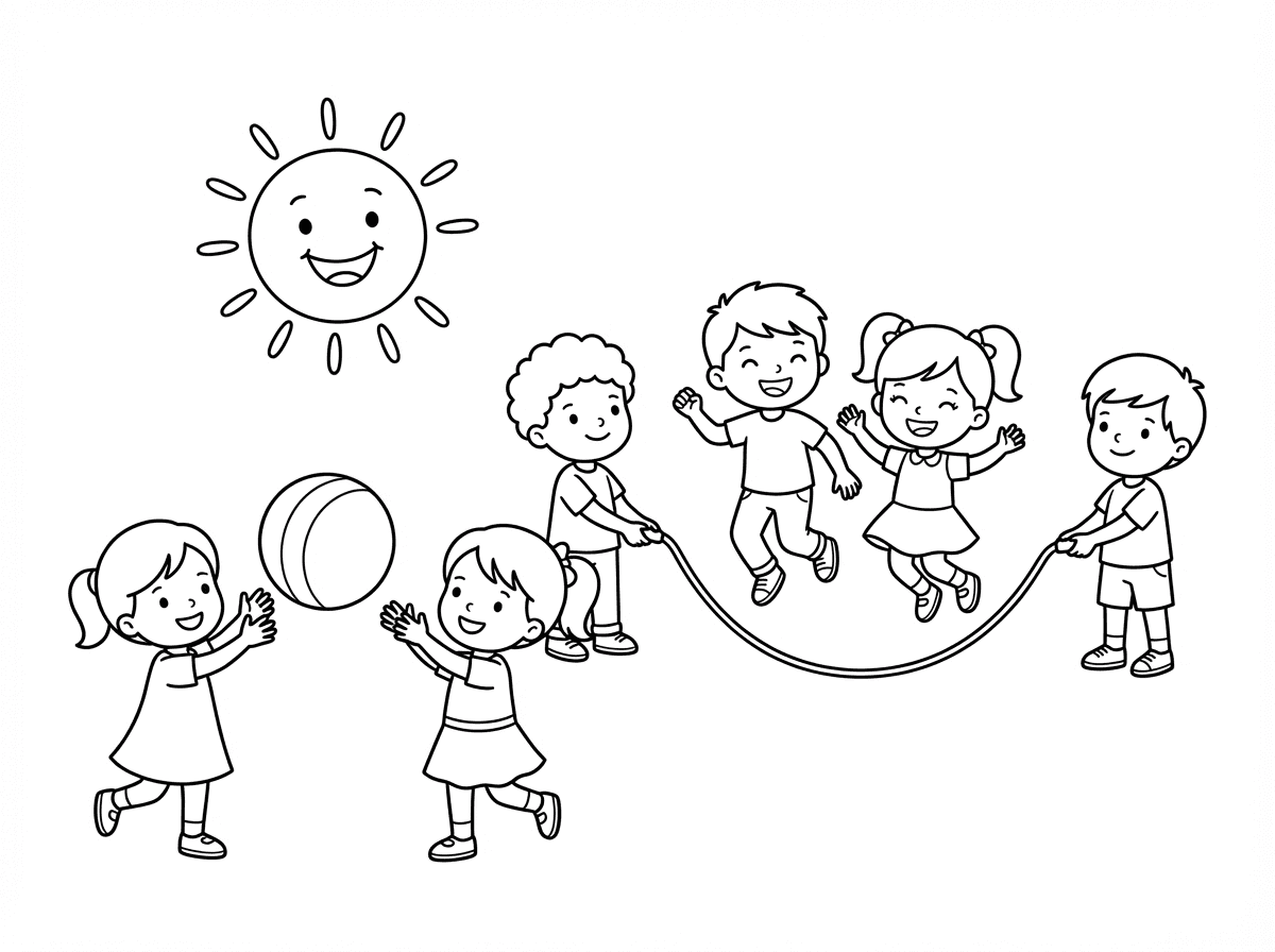 דף צביעה של ילדים קופצים בחבל, בנות משחקות בכדור ושמש מחייכת
