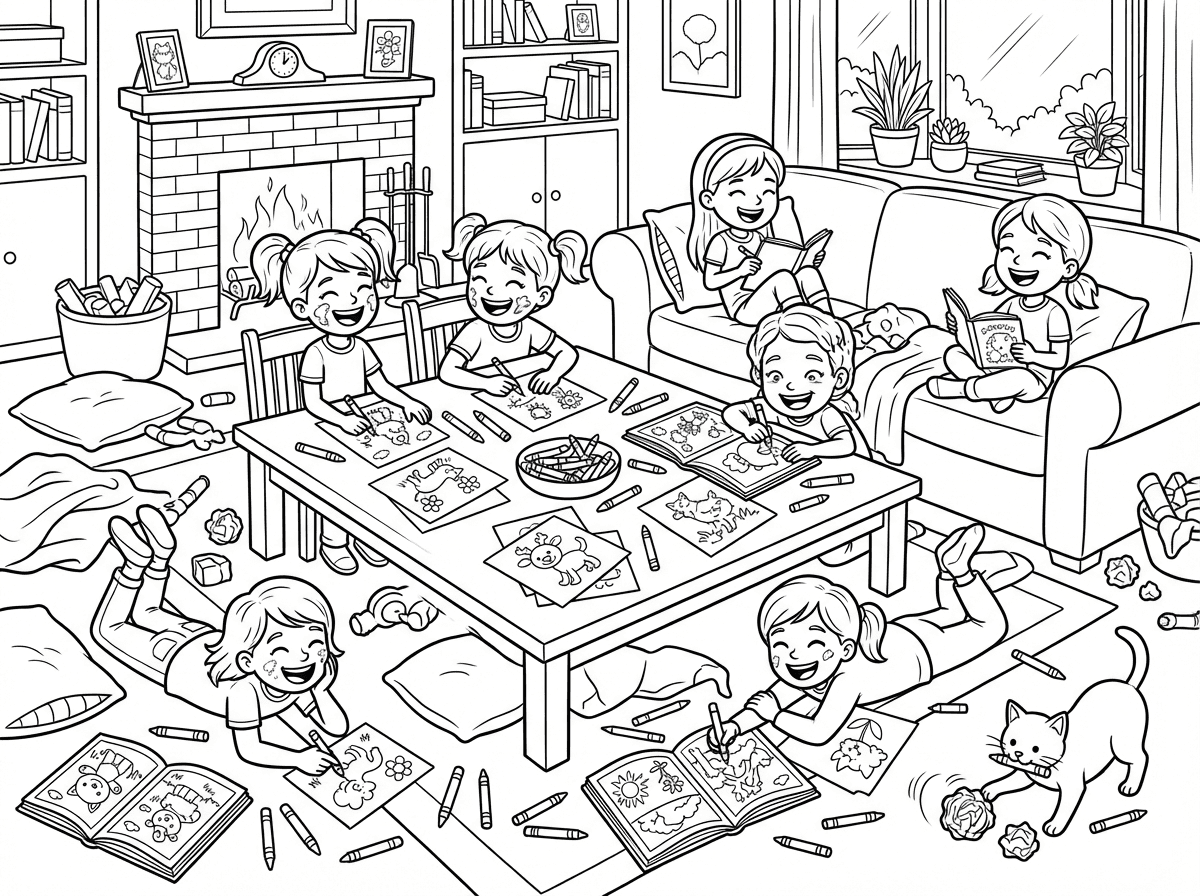 רוצה דף צביעה של בית עם הרבה בנות שכולם צובעות במרץ מהדפים של קידו  באווירה של בלאגן וצבעים ושמח