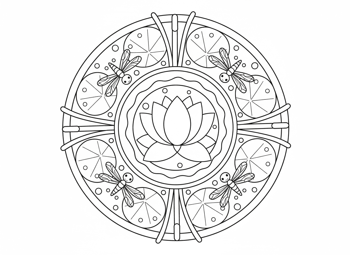 מנדלת שפירית ולוטוס - מנדלה אלגנטית עם פרח לוטוס במרכז, שפיריות מסודרות בסימטריה סביבו, טבעות אדוות מים, עלי שושנה בשכבות חיצוניות, סוף כקווים רדיאליים, נקודות טיפת טל, תחושת בריכה שלווה