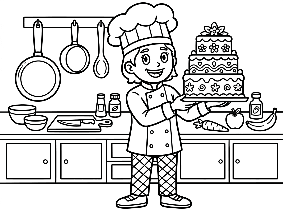 דף צביעה לילדים, קווים שחורים עבים, רקע לבן, ללא צבע:
שף שמח עם כובע לבח גבוה ומעיל מקצועי
מגיש עוגה מעוטרת על מגש.
ברקע: מטבח עם סירים, כף עץ, ירקות ופירות.
על הדלפק: קערות ערוכות ובקבוקי תבלינים.