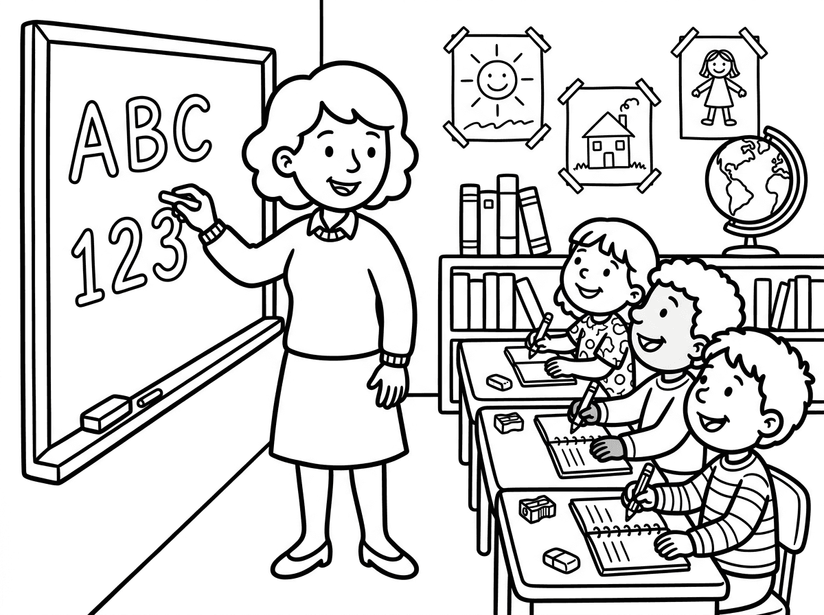 דף צביעה לילדים, קווים שחורים עבים, רקע לבן, ללא צבע:
מורה חייכנית כותבת על לוח גדול עם גיר,
מול שורת ילדים יושבים עם מחברות ועפרונות.
ברקע: ציורי ילדים תלויים על קיר, כדור גלובוס, ספרים.
אווירה חמה ומזמינה.