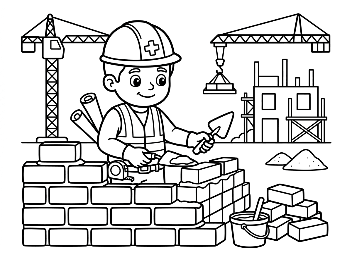 דף צביעה לילדים, קווים שחורים עבים, רקע לבן, ללא צבע:
פועל בניין עם קסדה כתומה ואפודה זוהרת
בונה קיר לבנים עם טורייה בידו.
ברקע: בניין בהקמה, מנוף גדול, ערמות חול ולבנים.
פרטים: שרטוטים מגולגלים בכיסו, מטר אדום.