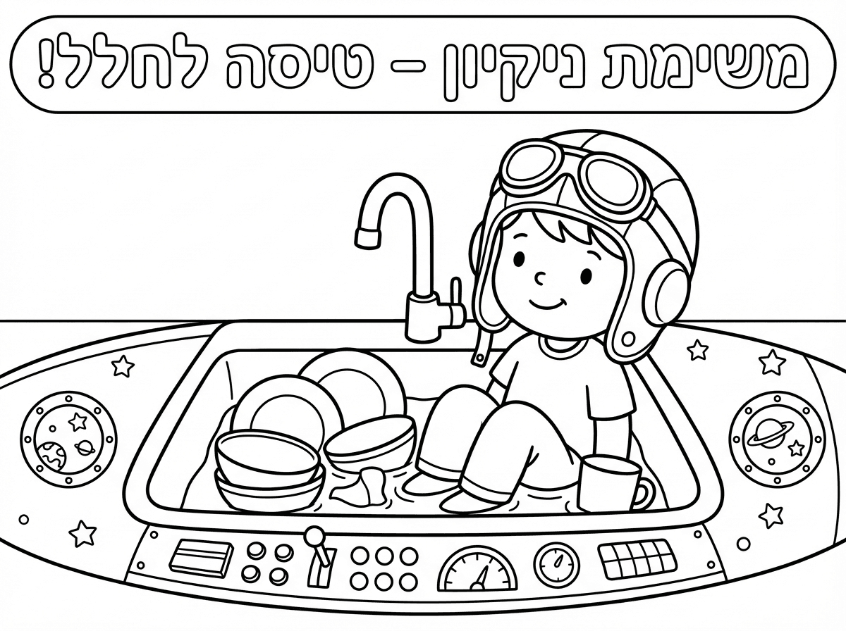 *הזוי‑חמוד*:  
ילד/ה מחופשים ל"טייס" שיושב בכיור מלא כלים, והכיור מצויר כמו חללית/צוללת – עם כפתורים, חלונות, כוכבים, וכתוב למעלה: **"משימת ניקיון – טיסה לחלל!"**