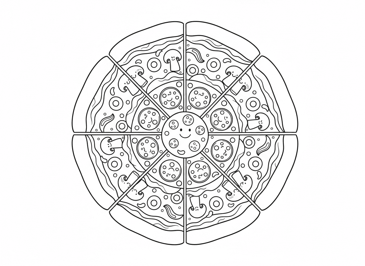 מנדלת פיצה - מנדלה כיפית בצורת פיצה, פפרוני במרכז, טבעות תוספות שונות - פטריות, זיתים, פלפלים, בצל, גבינה נמסה בין טבעות, שוליים כגבול חיצוני, קווי חלוקת משולשי פיצה