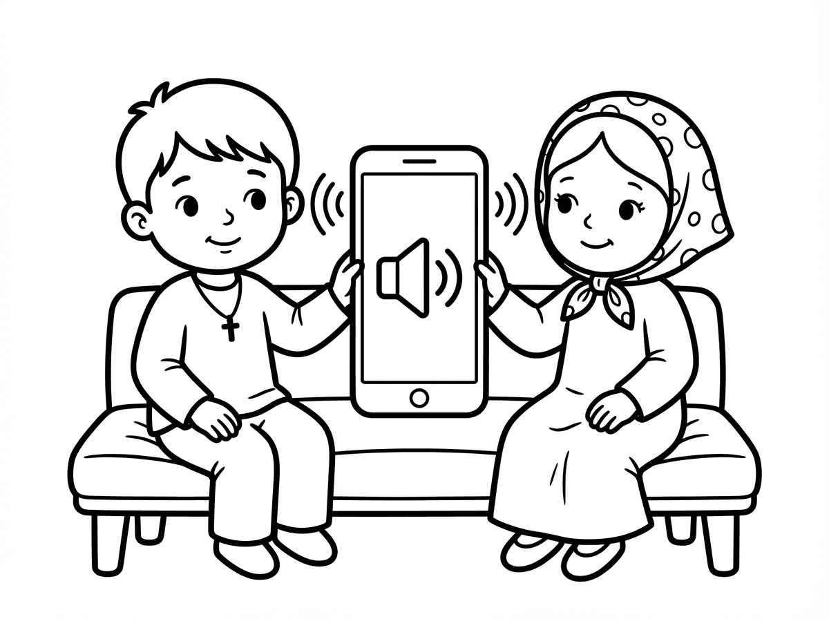 תיצור לי ציור של 2 ילדים דתיים מקשיבים למרחב קולי בטלפון
