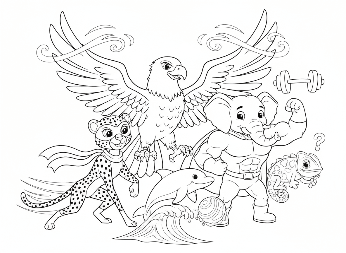 ליגת צדק של חיות גיבורי על - צוות חיות גיבורי על, נשר עם כוח רוח, פיל עם סופר כוח, ברדלס עם סופר מהירות, זיקית עם אי נראות, דולפין עם שליטה במים, כולם בפוזה הרואית ביחד