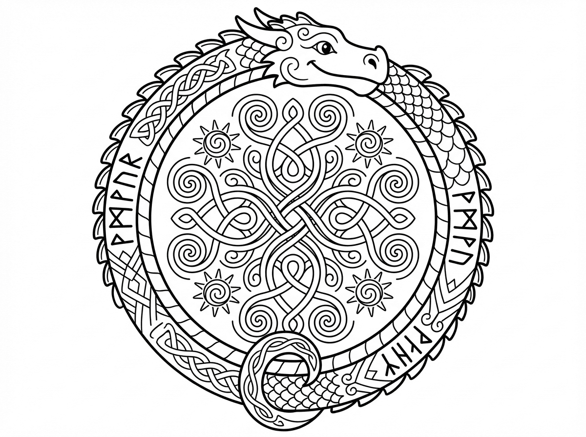 צור לי בבקשה דף צביעה לגיל 14 של מנדלה בצורת דרקון נורדי