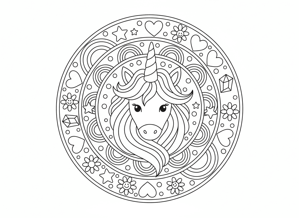 מנדלת חד קרן - מנדלה קסומה עם ראש חד קרן במרכז, מוקף בטבעות קשתות, כוכבים, לבבות, פרחים, וקריסטלים, נקודות נצנוץ בכל מקום, רעמה זורמת לדוגמת המנדלה, קרן כנקודת מרכז