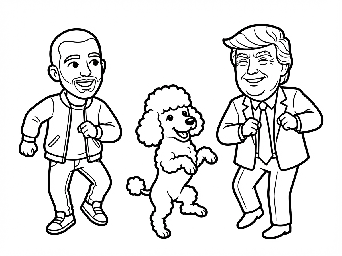 תצייר לי דף של פודל טוי רוקד ליד עומר אדם ועם דונלד טראמפ