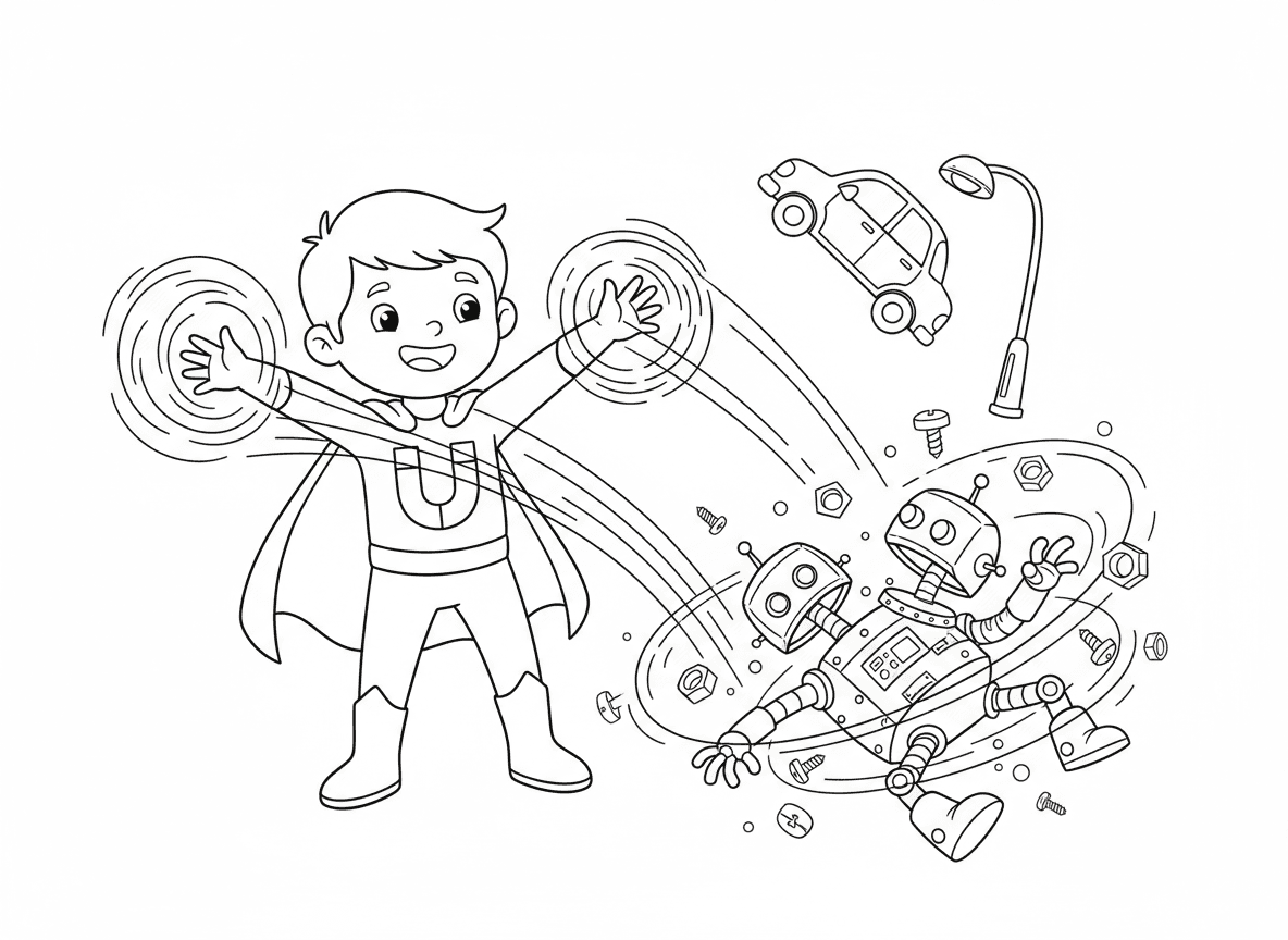 גיבור על עם כוחות מגנט - ילד גיבור על עם כוחות מגנט שמושך כל חפצי מתכת, מכוניות ועמודי תאורה עפים לכיוון הגיבור, סמל מגנט על החזה, רובוט מתכת של הרשע מתפרק, ברגים ובורגים מסתחררים, קווי שדה מגנטי נראים