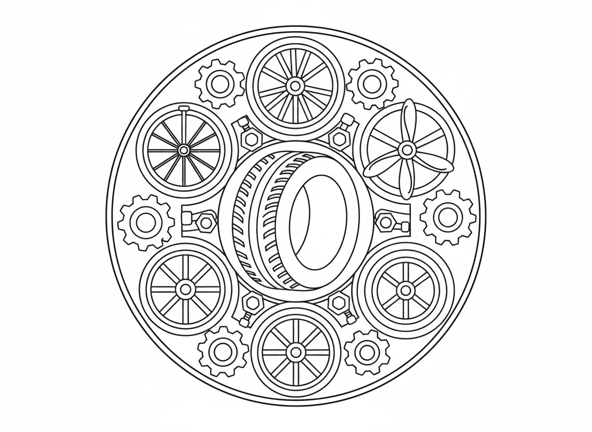 מנדלת גלגלי כלי רכב - מנדלה עשויה מגלגלי כלי רכב וגלגלי שיניים, צמיג במרכז, מוקף בגלגלי אופניים, גלגלי מכונית, גלגלי רכבת, מדחפי מטוס, הגאי ספינה, גלגלי שיניים מחברים הכל, ברגים ואומים כנוי