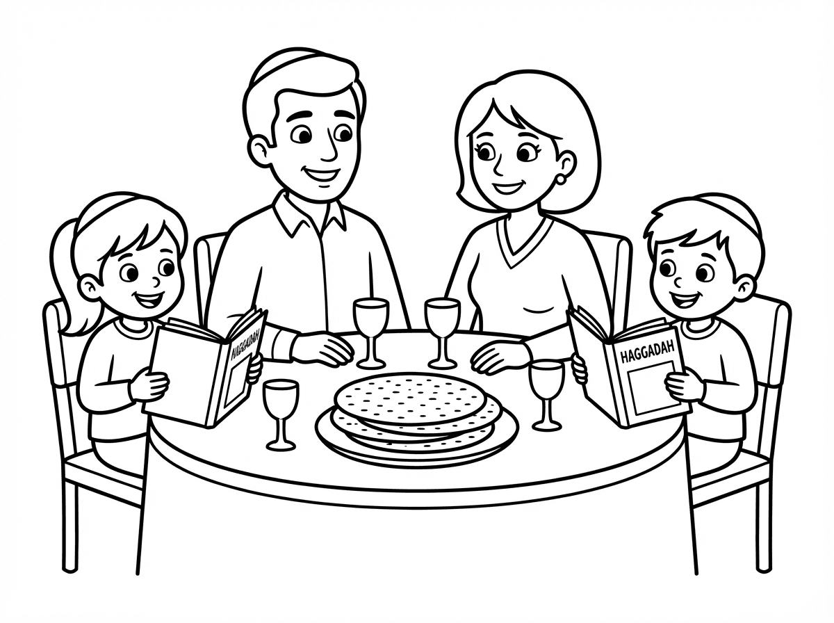 ציור לפסח שבשולחן יושבים משפחה יהודיה והמצוות שעל השולחן הם עגולות ולכל ילד יש גביע והגדה
