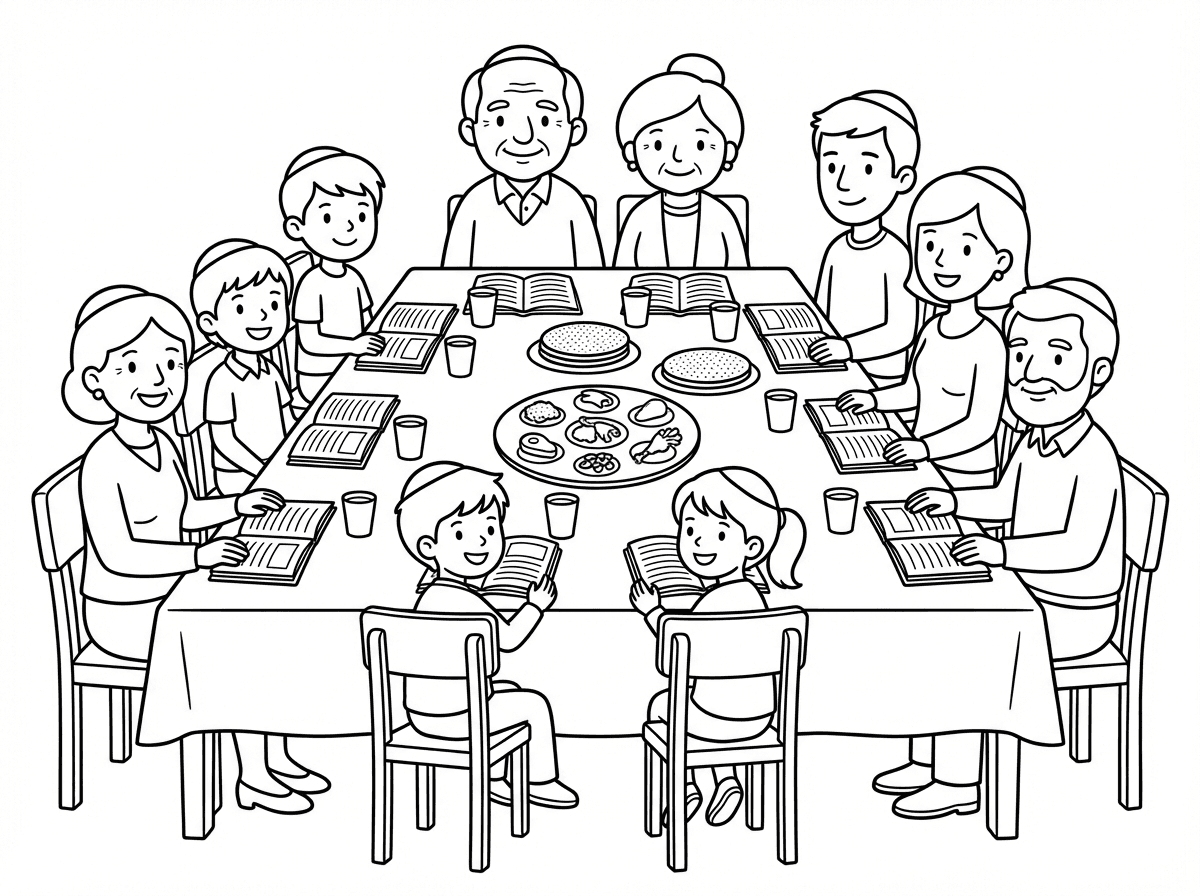 ציור לפסח שבשולחן יושבים משפחה יהודיה גדולה והמצוות שעל השולחן הם עגולות ולכל ילד יש גביע והגדה