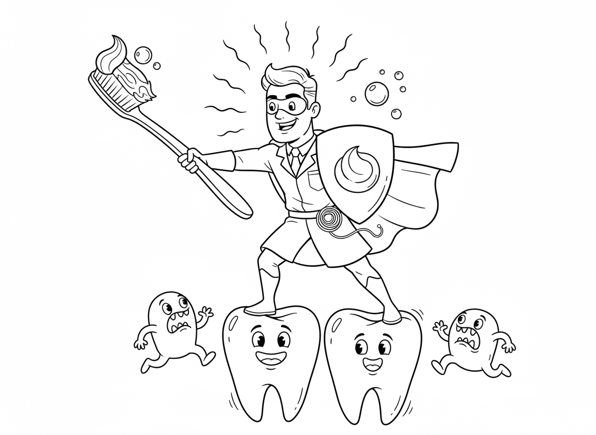 גיבור על רופא שיניים נלחם במפלצות עששת - גיבור על רופא שיניים במעיל לבן וגלימה נלחם במפלצות עששת רשעות על שיניים ענקיות, חרב מברשת שיניים, לאסו חוט דנטלי, מגן משחת שיניים, רימוני מי פה, כוח חיוך מבריק, יצורי עששת מפוחדים