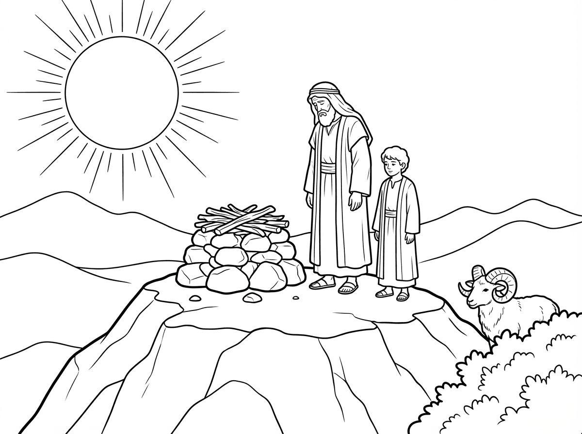 תנך, ספר בראשית, סצנה של עקידת יצחק על ההר.
אברהם ויצחק ניצבים על הר גבוה ושקט, ליד מזבח מסודר מעצים ואבנים, וברקע נוף הררי רחב. האווירה מלאה קדושה, יראת שמים, מתח עמוק ואמונה עצומה. האור בסצנה בהיר ונשגב, והשקט של המקום מדגיש את עוצמת הרגע. יצחק נראה שליו ומכובד, אברהם מלא ריכוז ויראה, והאיל נראה בסבך בצד הסצנה כרמז להצלה. לא להציג את הקב״ה כדמות אדם, אלא באמצעות אור שמימי או מראה נשגב. הדמויות בלבוש מסורתי ומכובד לפי רוח המסורת.