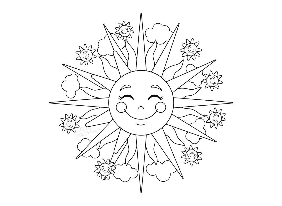 מנדלת שמש עם קרניים - מנדלת שמש חמה עם פרצוף שמש מחייך במרכז, קרניים גלויות וישרות מתחלפות מקרינות החוצה, שמשות קטנות בקצות הקרניים, עיטורי ענן בין קרניים, תחושה חמה ושמחה