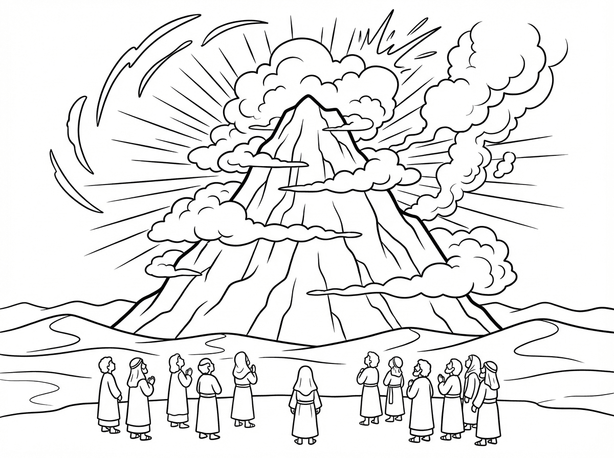 תנך, ספר שמות, סצנה של מעמד הר סיני.
הר סיני מתנשא במרכז, מכוסה ענן, אור, עשן וקולות נשגבים, ועם ישראל עומד מרחוק ביראה ובכבוד. האווירה קדושה מאוד, נשגבת, עוצמתית ומלאת יראת שמים. יש תחושה של רגע שאין דומה לו, רגע שבו השמים והארץ נפגשים. המדבר רחב, ההר מרשים, והעם נראה מאוחד, נרגש וחרד מן הקדושה. לא להציג את הקב״ה כדמות אדם, אלא רק באמצעות אור, ענן, אש ומראה נשגב. הדמויות בלבוש מסורתי וצנוע לפי רוח המסורת והתקופה.